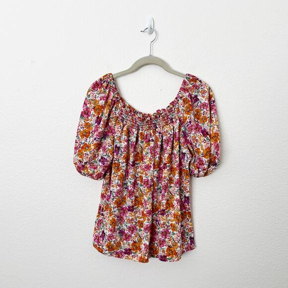 [W5] Pink Orange Floral Print Puff Sleeve Smocked Neck Scoop Blouse Sz Medium M - Picture 1 of 10